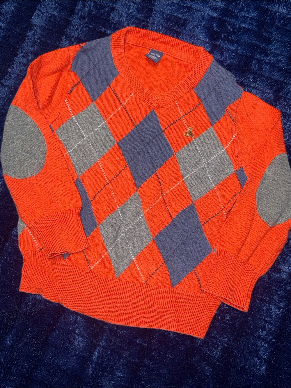 GAP Orange Argyle V-Neck Sweater with Gray Elbow Patches